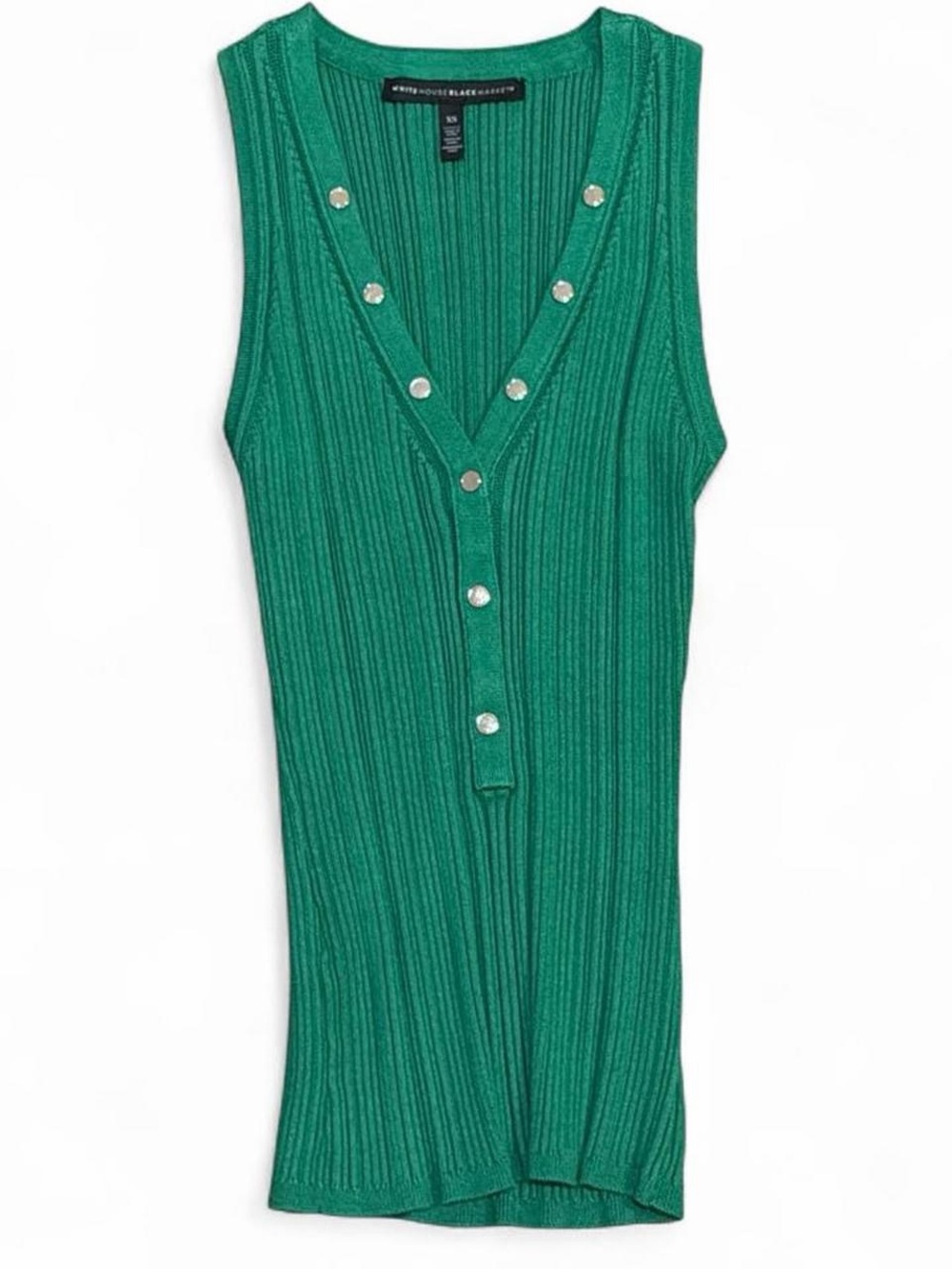 White House Black Market Kelly Green Sweater Tank with Silver Snap Buttons XS